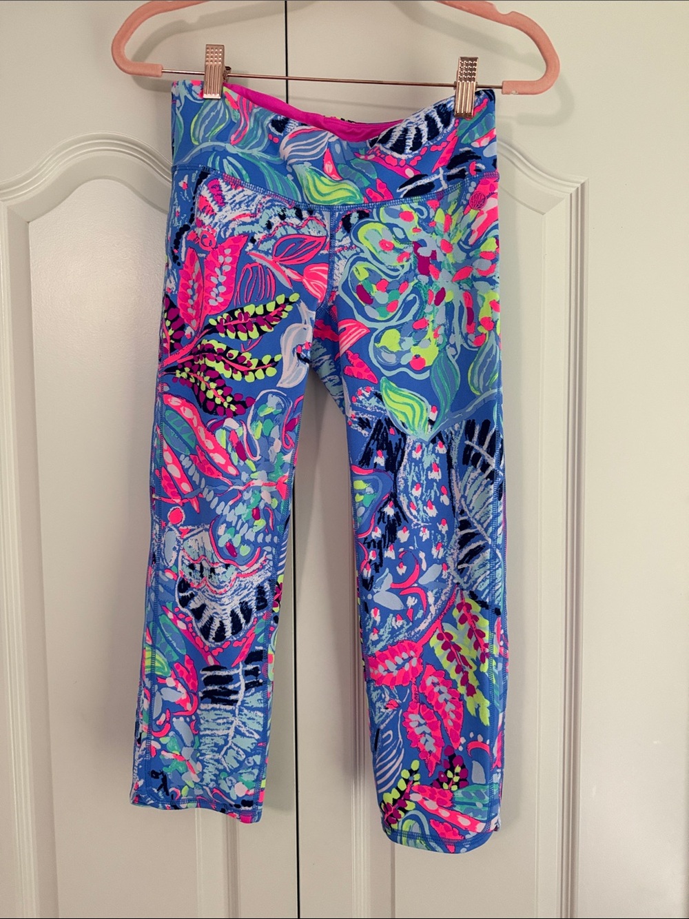 Lilly Pulitzer Girls Blue Floral Capri Leggings with Neon Accents